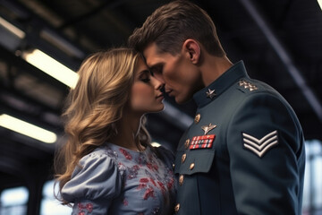 Couple in love, military man soldier and wife kissing at the station - obrazy, fototapety, plakaty