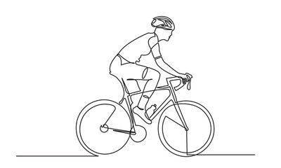 Continuous line drawing of athlete cycling with safety helmet. cycling with a Healthy lifestyle. single-line art of a classic bicycle isolated on a white background.
