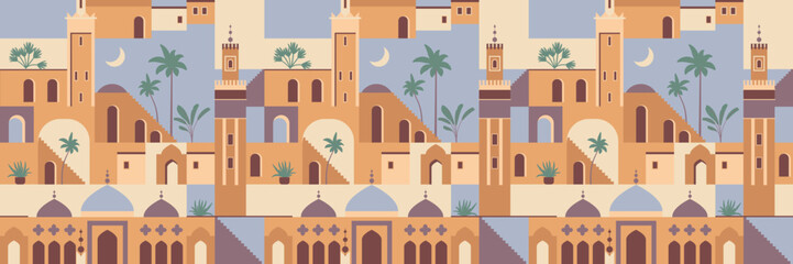 Abstract vector Middle Eastern town pattern. Seamless geometric Palestine pattern. Morocco Islamic cityscape repeat 32 inches high. Mosque, stairs, houses, palm trees. Ramadan travel seamless repeat - obrazy, fototapety, plakaty