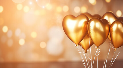 Golden heart shaped balloons background with copy space. Valentine's day banner. AI
