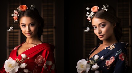 A Graceful Woman Adorned in a Kimono, Surrounded by Delicate Flowers