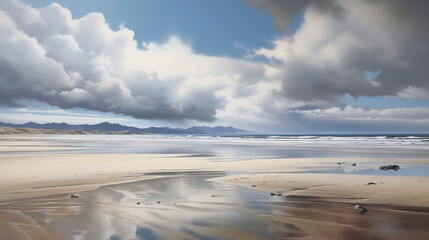 Fototapeta na wymiar Reminiscent of pristine coastal summer beach in Scotland with highland mountains in the distance.