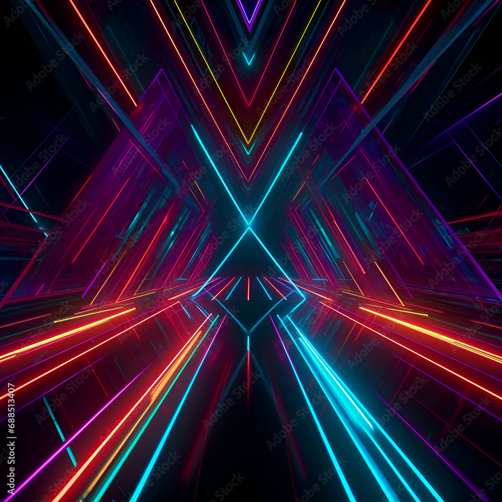 Wall mural 3d abstract background with neon lights and rays. 3d rendering