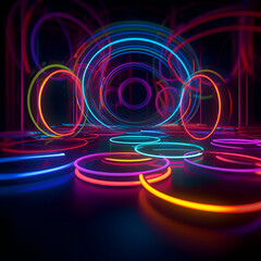 Neon abstract background with circles and lines. 3d rendering.