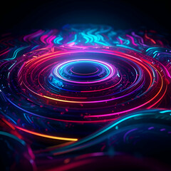 Neon abstract background. luminous swirling. Elegant glowing circle.  Sparking particle. Space tunnel. Glossy jellyfish. Colorful ellipse. Glint sphere