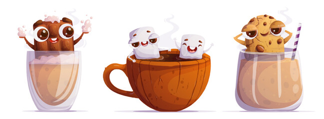 A set of three cartoon sweets floating in hot drinks. Emotional characters. Chocolate plays foam in a glass of cappuccino. Marshmallows relax in a cup of cocoa. The cookie relaxes in a mochaccino.