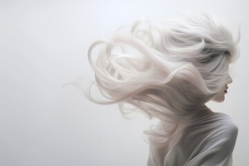 Beautiful woman with long blond hair, studio shot on gray background.