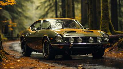 Obraz premium Sports Car Sits on a Road in The Woods Blurry Background