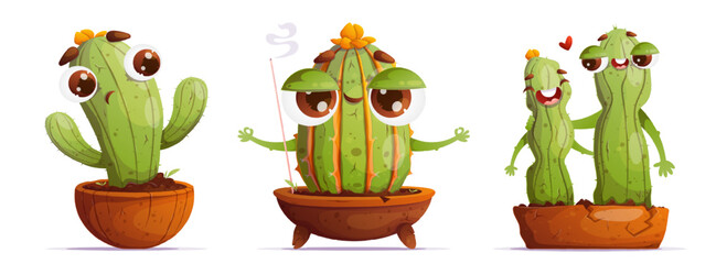 Set of three cute cartoon cacti. Emotional characters, detailed potted cacti showing wonder, calm, meditation and love.
