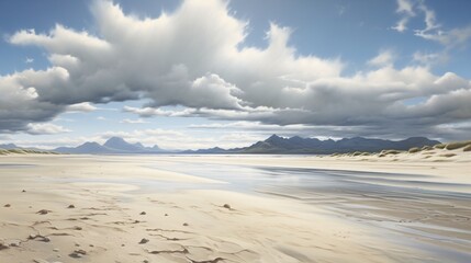 Fototapeta na wymiar Reminiscent of pristine coastal summer beach in Scotland with highland mountains in the distance.