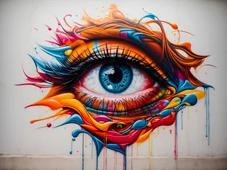Fotobehang an eye that has been artistically colored with vibrant and bold graffiti © Meeza