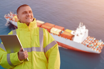 An offshore technician in a container terminal holds a tablet and wears a safety suit, a container...