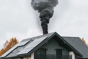 Foto op Aluminium Dark smoke comes out of the chimney of a modern house in winter. Heating with solid fuel. The concept of environmental pollution © AlexGo