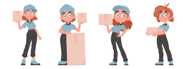 Set of four cute delivery girls holding a paper box in their hands. Delivery woman wearing a blue uniform. Vector cartoon style.