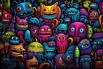 Funny monsters, colorful bright background in graffiti style