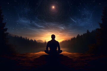 Yoga cosmic space meditation, silhouette of man practicing outdoors at night. generative ai.