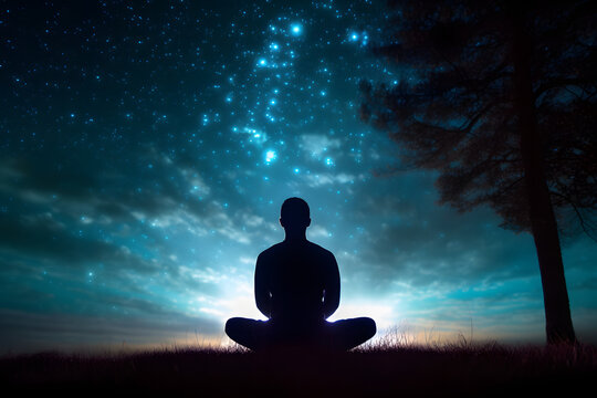 Yoga cosmic space meditation, silhouette of man practicing outdoors at night. generative ai.