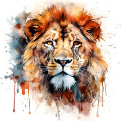 Watercolor portrait of a lion on a white background. Digital painting.