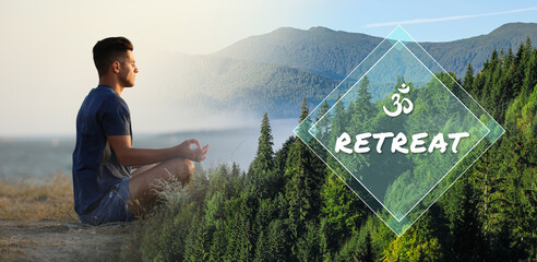 Wellness retreat. Double exposure with man meditating outdoors and mountain landscape, banner design. Om ligature