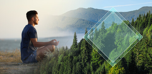 Man meditating near sea and mountain landscape, double exposure. Banner design