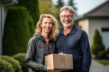 Middle aged couple at outdoors holding delivery box