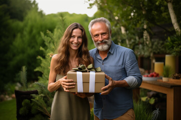 Adult couple at outdoors holding a gift