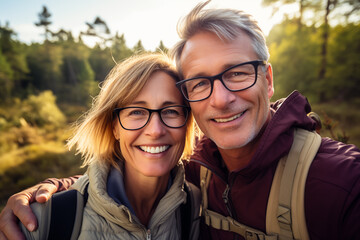 Adult couple at outdoors with glasses - obrazy, fototapety, plakaty