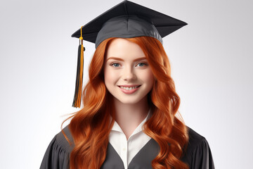 Young pretty redhead girl over isolated white background dressing university graduate clothes