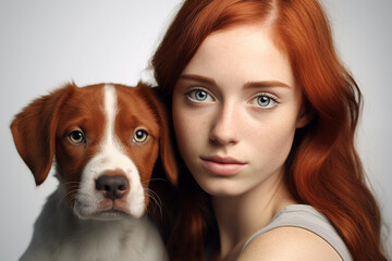 Young pretty redhead girl over isolated white background with a dog