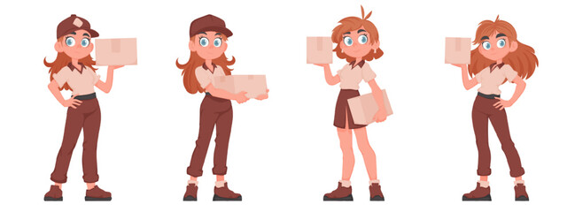 Set of four cute delivery girls holding a paper box in their hands. Delivery woman wearing a beige and brown uniform. Vector cartoon style.