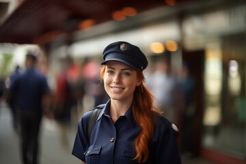 Young pretty redhead woman at outdoors with police uniform