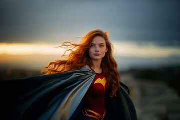 Young pretty redhead woman at outdoors in Super Hero costume