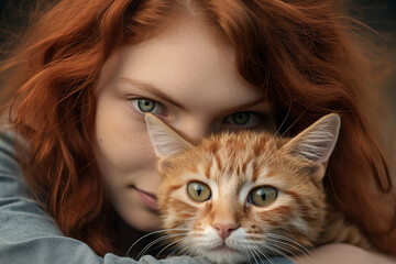 Young pretty redhead woman at outdoors with a cat