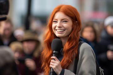 Young pretty redhead woman at outdoors as a reporter holding a microphone and reporting news - obrazy, fototapety, plakaty