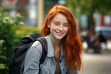 Naklejka premium Young pretty redhead woman at outdoors with a student backpack