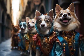 March of elegance venetian themed dog parade, festive carnival photos - obrazy, fototapety, plakaty