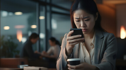 Young busy stressed upset Asian business woman holding cellphone using mobile phone, looking at smartphone feeling tired frustrated reading bad news on financial market working in offi. generative ai. - obrazy, fototapety, plakaty