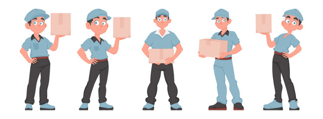 Set of 5 Adorable Male Courier Characters Holding Packages. Delivery Men in Blue Uniforms. Express Shipping Service Concept in Cartoon Style.