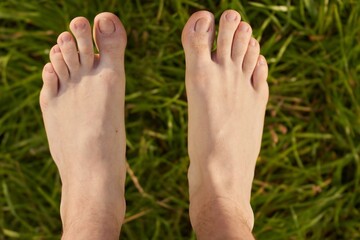 A man’s bare foot on green grass. A top view of a human leg and toes on a white background. A closeup of natural skin and wellness.
