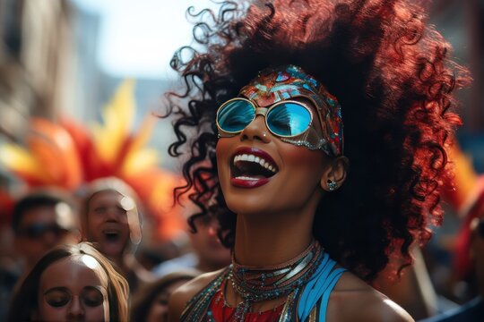 Woman in carnival mask amidst cheering crowds, festive carnival photos