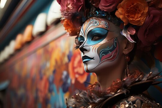Modern carnival  street artist venetian mural fusion, festive carnival photos