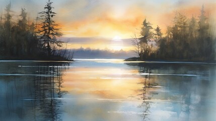 Pastel watercolors of beautiful lakes with boats.