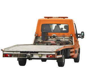 Naklejka premium Tow truck with a broken car on a road. Tow truck transporting car on the highway. Car service transportation concept. Roadside Rescue.