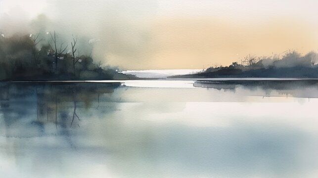 Pastel watercolors of beautiful lakes with boats.
