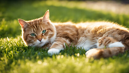 Naklejka na ściany i meble Calm cat lying on the grass. Generative AI.