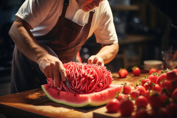 A chef creatively carving a watermelon into intricate shapes, turning a simple fruit into an edible work of art. Concept of culinary craftsmanship and presentation. Generative Ai.