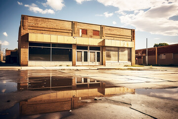 abandoned store building with empty parking lot in run-down area
