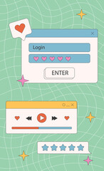 Cool stories or post template, retro browser computer window in 90s vaporwave with geek stickers. Y2k aesthetic background for social media, with pc message boxes, UI, UX elements. 