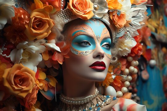 Carnival dreamscape woman in mask amid surreal props, festive carnival photos