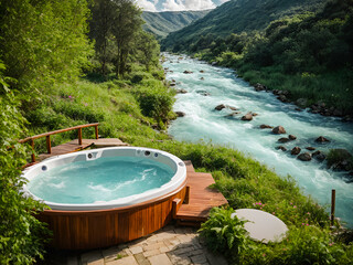 a jacuzzi set in a lush green natural landscape, next to a river - obrazy, fototapety, plakaty